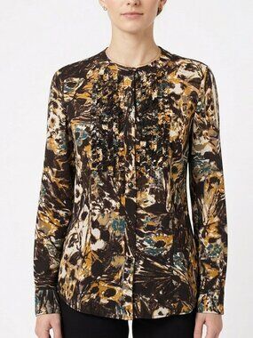 Mac & Jac Autumn Print Mandarin Collar Micro Ruffle Front Blouse NEW- Sz. Med